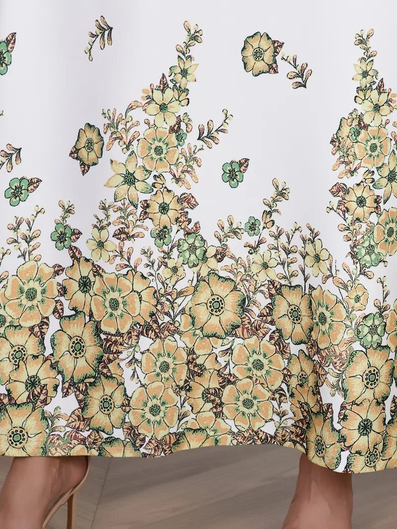 Robe Longue Élégante à Fleurs et Strass – Femme, Manches Longues et Col Rond