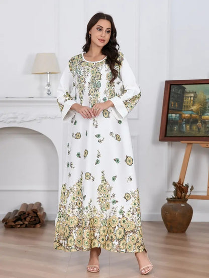 Robe Longue Élégante à Fleurs et Strass – Femme, Manches Longues et Col Rond