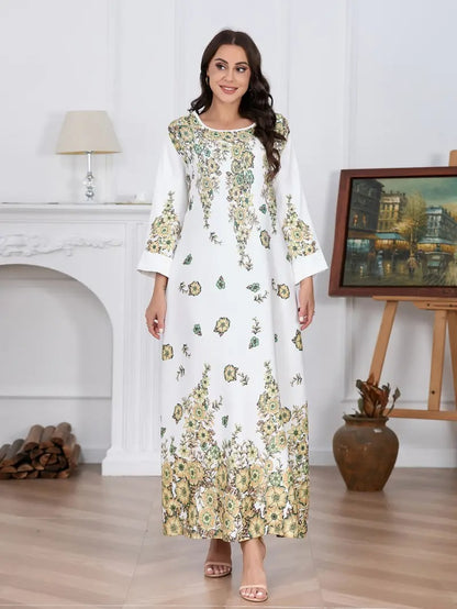 Robe Longue Élégante à Fleurs et Strass – Femme, Manches Longues et Col Rond