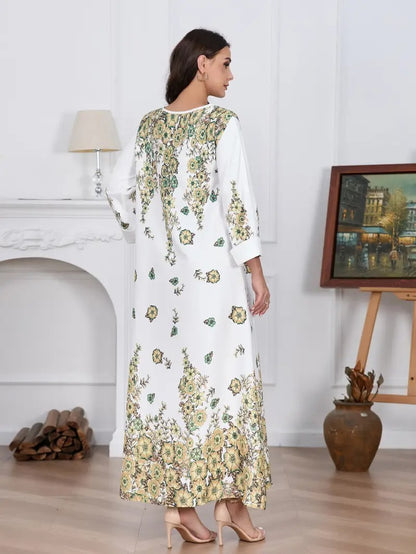 Robe Longue Élégante à Fleurs et Strass – Femme, Manches Longues et Col Rond