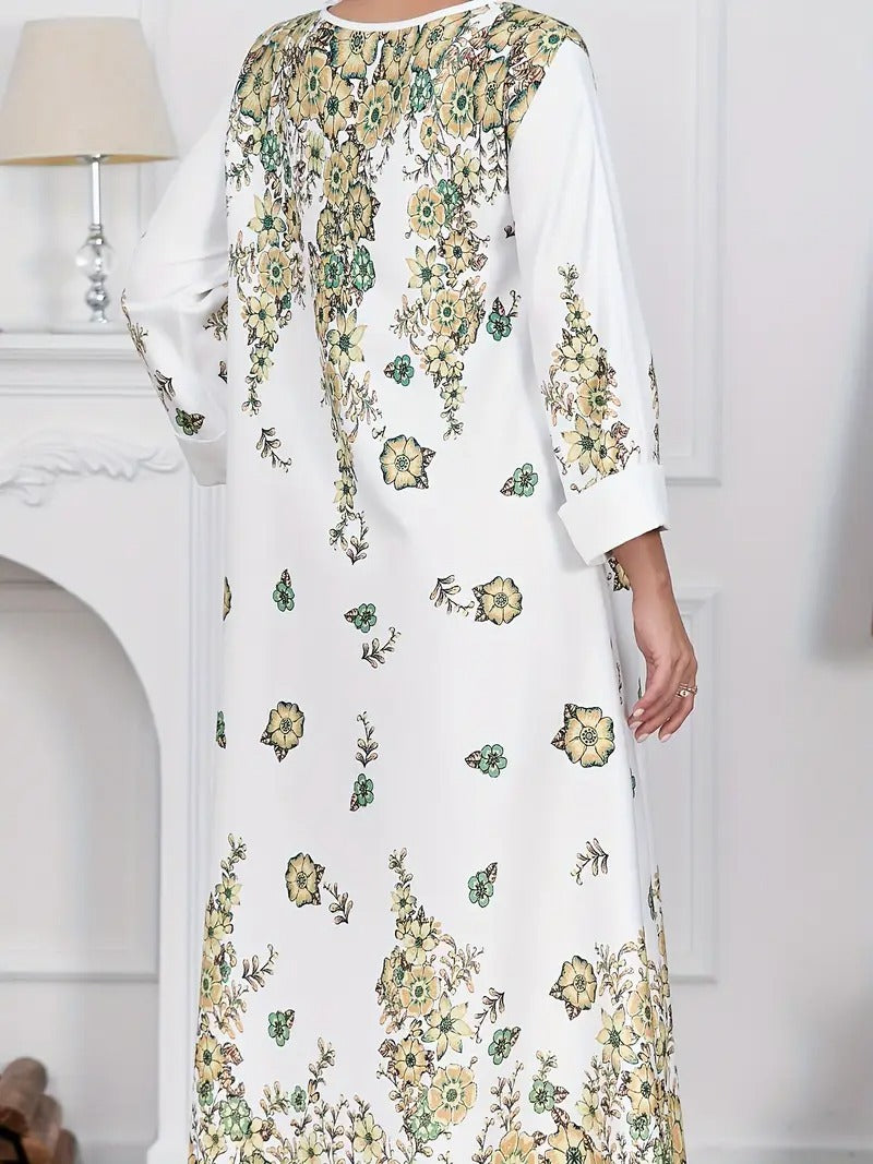 Robe Longue Élégante à Fleurs et Strass – Femme, Manches Longues et Col Rond